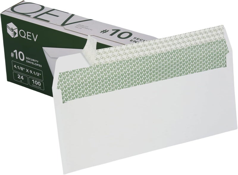 QEV 100 count #10 Self Seal Security Letter Size Envelopes, No. 10 or 4.1/8" x 9.1/2", 24 lb White Paper, Windowless - Image 4